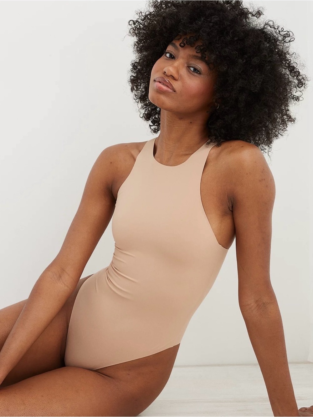 aerie smoothez High-Neck Seamless Bodysuit in Beige size small